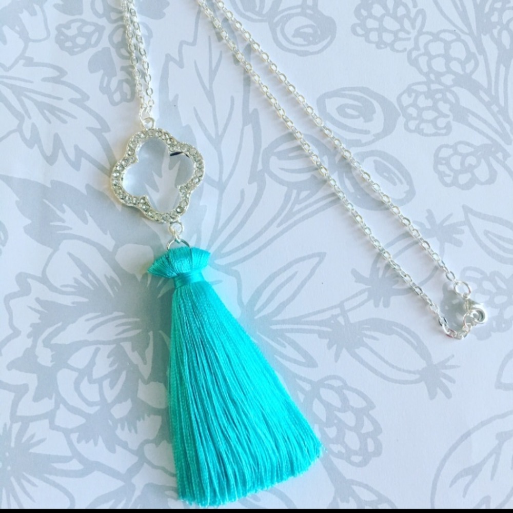 NWT Silver long statement necklace w/ aqua tassel